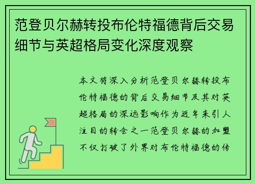 范登贝尔赫转投布伦特福德背后交易细节与英超格局变化深度观察